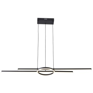 Nowoczesna czarna lampa wisząca LED z elementami pierścieniowymi i prętowymi.