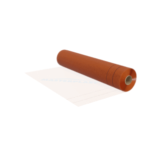 Rolka i rozłożona powierzchnia pomarańczowego materiału izolacyjnego do systemów ociepleń.