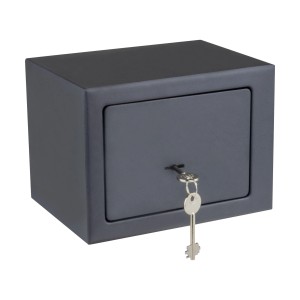 Szary sejf z kluczem. Idealny do przechowywania wartościowych przedmiotów.