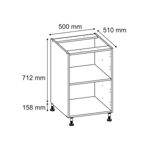 Szkic szafki dolnej z wymiarami (wysokość 712 mm, szerokość 500 mm, głębokość 510 mm) do przechowywania.