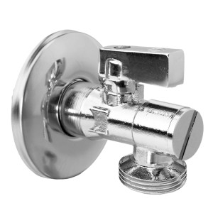 Chromowany zawór kątowy do podłączenia wody.