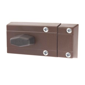 Brązowy zamek do drzwi t.b.t. z gałką i śrubami.