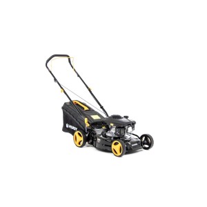 Czarna kosiarka spalinowa t.b.t. z żółtymi akcentami. Idealna do pielęgnacji trawnika.