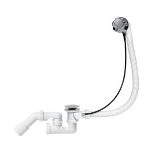 Syfon do odpływu wannowego t.b.t., biała rura z tworzywa sztucznego z chromowanym osprzętem przelewowym.