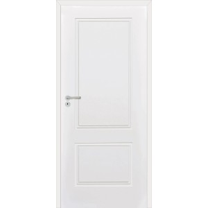 Białe drzwi wewnętrzne t.b.t. z dwoma prostokątnymi panelami i srebrną klamką.