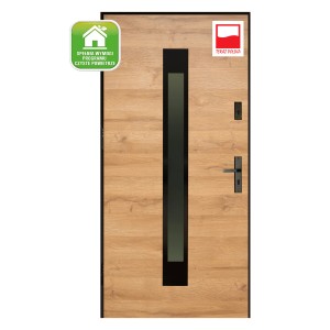 Drewniane drzwi zewnętrzne z wąskim przeszkleniem i czarną ramą.
