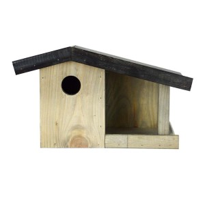 Drewniany karmnik dla ptaków z czarnym dachem do ogrodu.