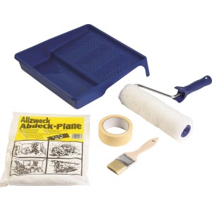 Zestaw malarski z wałkiem, pędzlem, folią ochronną, kuwetą i taśmą malarską.