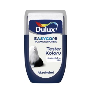 Tester koloru Dulux Easycare, biała farba do ścian w niebieskim pojemniku.