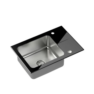 Zlewozmywak ze stali nierdzewnej z ociekaczem z czarnego szkła.