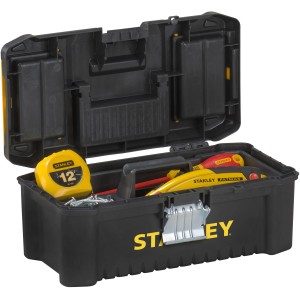 Otwarty kufer narzędziowy Stanley Essential 12,5 cala z narzędziami i organizerem w pokrywie.