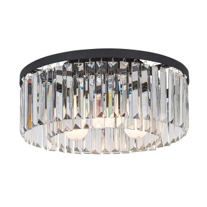 Elegancka lampa wisząca t.b.t. z przezroczystymi kryształowymi elementami szklanymi i czarną ramą.