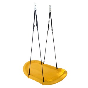 Żółta huśtawka dla dzieci z czarnymi linami i zawieszeniem.