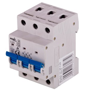 Trójbiegunowy wyłącznik nadprądowy Bemko, C20, do ochrony obwodów.