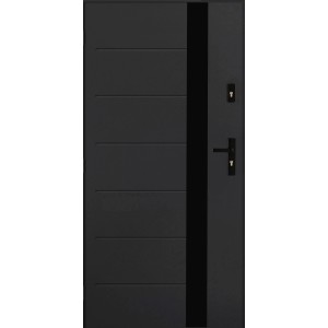 Czarne drzwi zewnętrzne t.b.t. z poziomymi liniami i klamką.