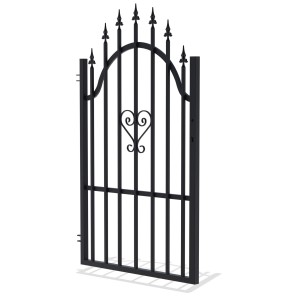 Czarna metalowa furtka ogrodzeniowa z dekoracją serca.