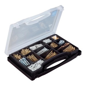 Zestaw wkrętów do drewna LUX, 620 elementów, ze śrubami, kołkami i zaślepkami w pudełku.