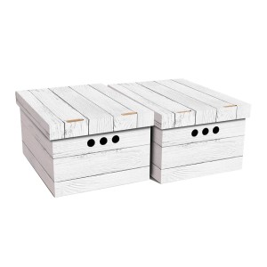 Dwa białe kartonowe pudełka t.b.t. z efektem drewna i pokrywkami.