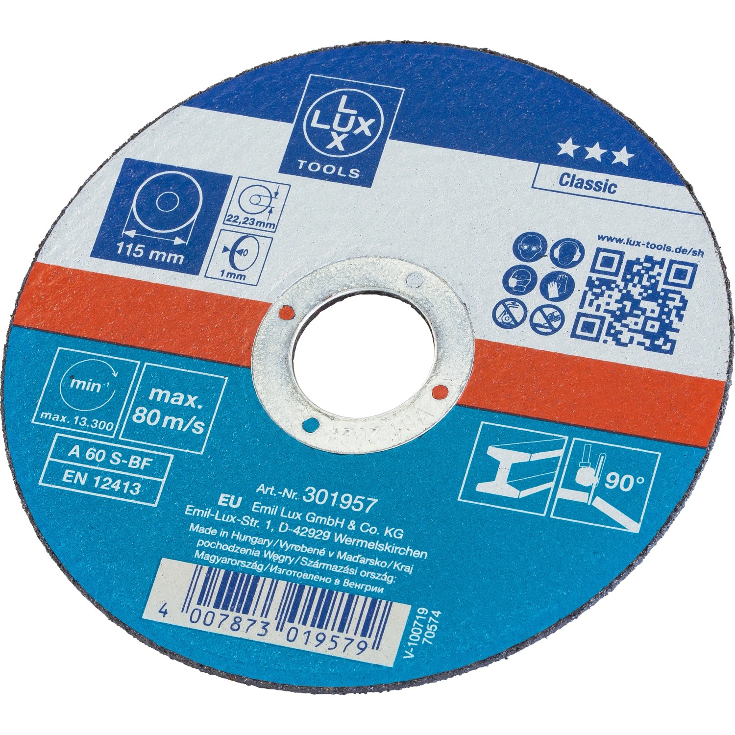 Tarcza do cięcia metalu LUX Classic, średnica 115 mm, grubość 1 mm do szlifierek kątowych.