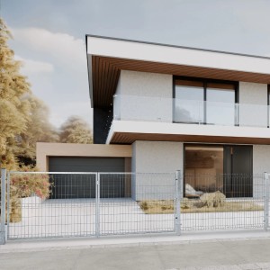 Szare metalowe ogrodzenie t.b.t. przed nowoczesnym domem. Kategoria: Ogrodzenia metalowe.