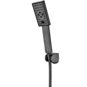 Ciemnoszary zestaw prysznicowy z wężem i uchwytem ściennym.