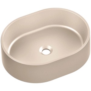 Owalna umywalka nablatowa w kolorze beżowym, nowoczesny design łazienki.