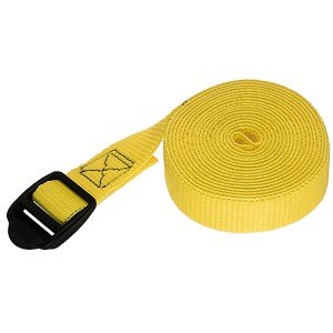 Żółty pas poliestrowy, szerokość 25 mm, długość 2,5 m, z plastikową klamrą do transportu i zabezpieczania.