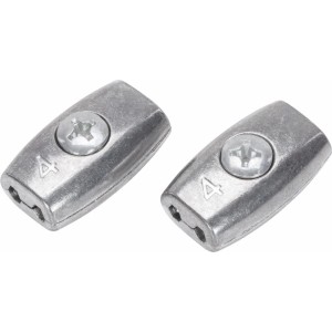 Dwa owalne, ocynkowane zaciski linowe Ø 4 mm do lin stalowych i włóknistych.