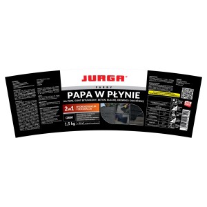 Etykieta płynnej papy dachowej Jurga do bitumu, betonu, blachy, drewna i dachów.