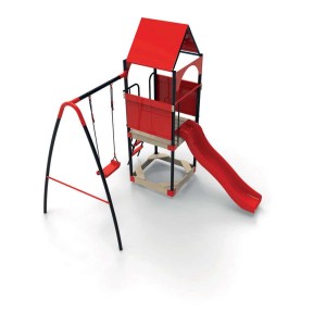 Czerwony plac zabaw z wieżą, zjeżdżalnią i huśtawką dla dzieci.