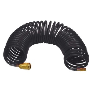 Czarny spiralny wąż t.b.t. do kompresorów ze złączkami mosiężnymi.