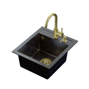 Zlewozmywak granitowy t.b.t. ze złotą baterią i dozownikiem mydła.