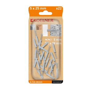 Kołki rozporowe plastikowe, 5x25mm, opakowanie 22 szt. do śrub. Pasują do różnych powierzchni.