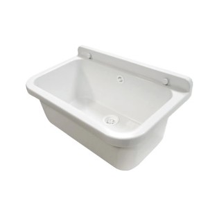 Biały zlew do montażu na ścianie, idealny do pralni lub warsztatu.