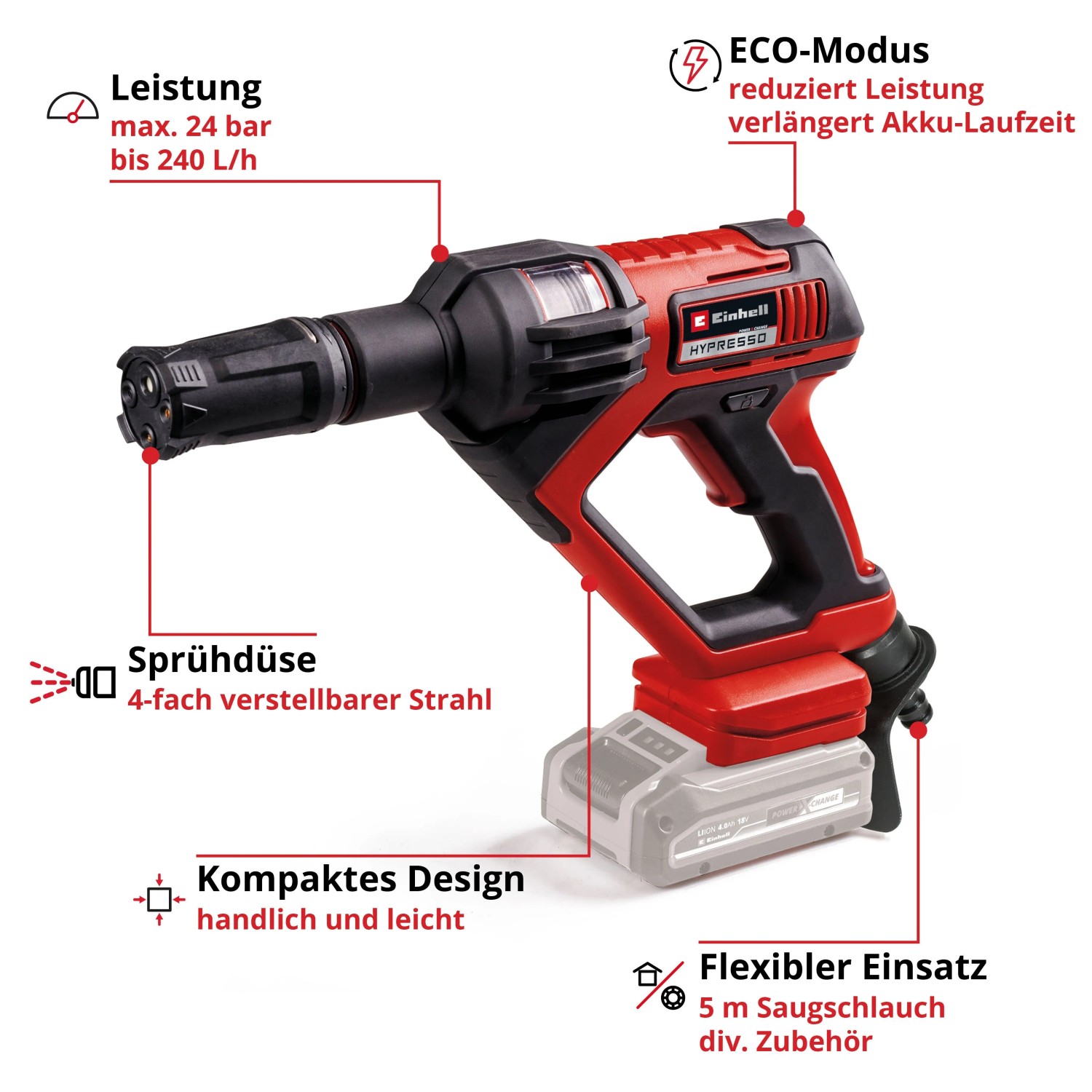 Czerwony pistolet ciśnieniowy Einhell Hypresso Power X-Change z dyszą 4-kierunkową, kompaktowy do czyszczenia.