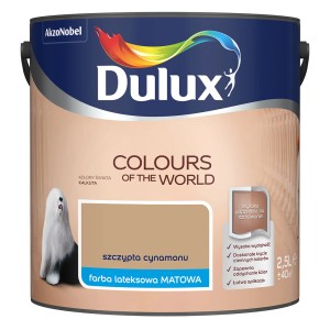 Puszka farby Dulux "Colours of the World" w kolorze cynamonowego brązu. Matowa farba lateksowa do ścian.