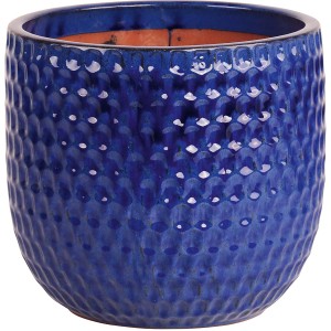 Niebieska ceramiczna doniczka z glazurowanym wzorem reliefowym, Ø 25 cm.