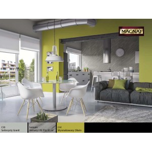 Salon w kolorze szarym i oliwkowym z kolorową farbą do ścian.