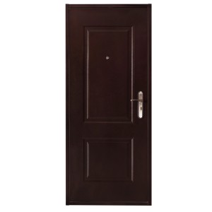 Brązowe drzwi stalowe z srebrną klamką i wizjerem.