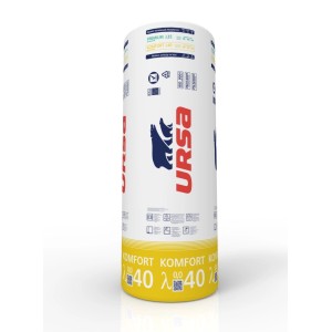 Rolka wełny mineralnej Ursa, białe opakowanie z żółtym brzegiem i logo Ursa.