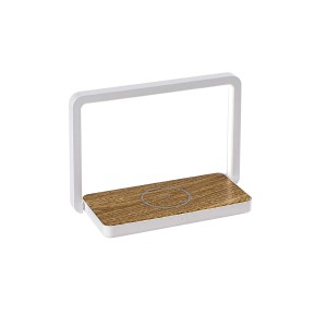 Nowoczesna lampka biurkowa LED z efektem drewna i białą ramą.