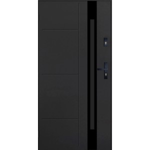 Nowoczesne, czarne drzwi zewnętrzne z linearnym wzorem i klamką.