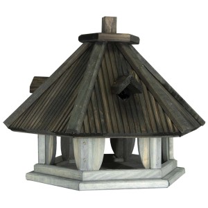 Drewniany karmnik dla ptaków w stylu pagody, szary i brązowy. Kategoria: Karmniki dla ptaków.