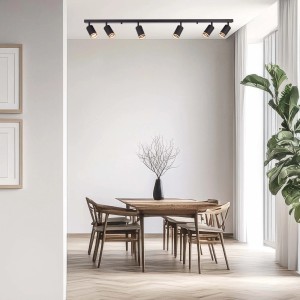 Czarna listwa oświetleniowa t.b.t. z sześcioma reflektorami w jadalni.