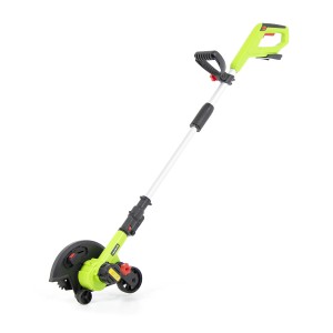 Akumulatorowy podkaszarka t.b.t. w kolorze zielonym i czarnym z kołami i osłoną.