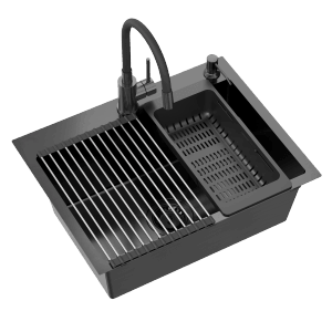 Czarny zlewozmywak ze stali nierdzewnej t.b.t. z ociekaczem i baterią.