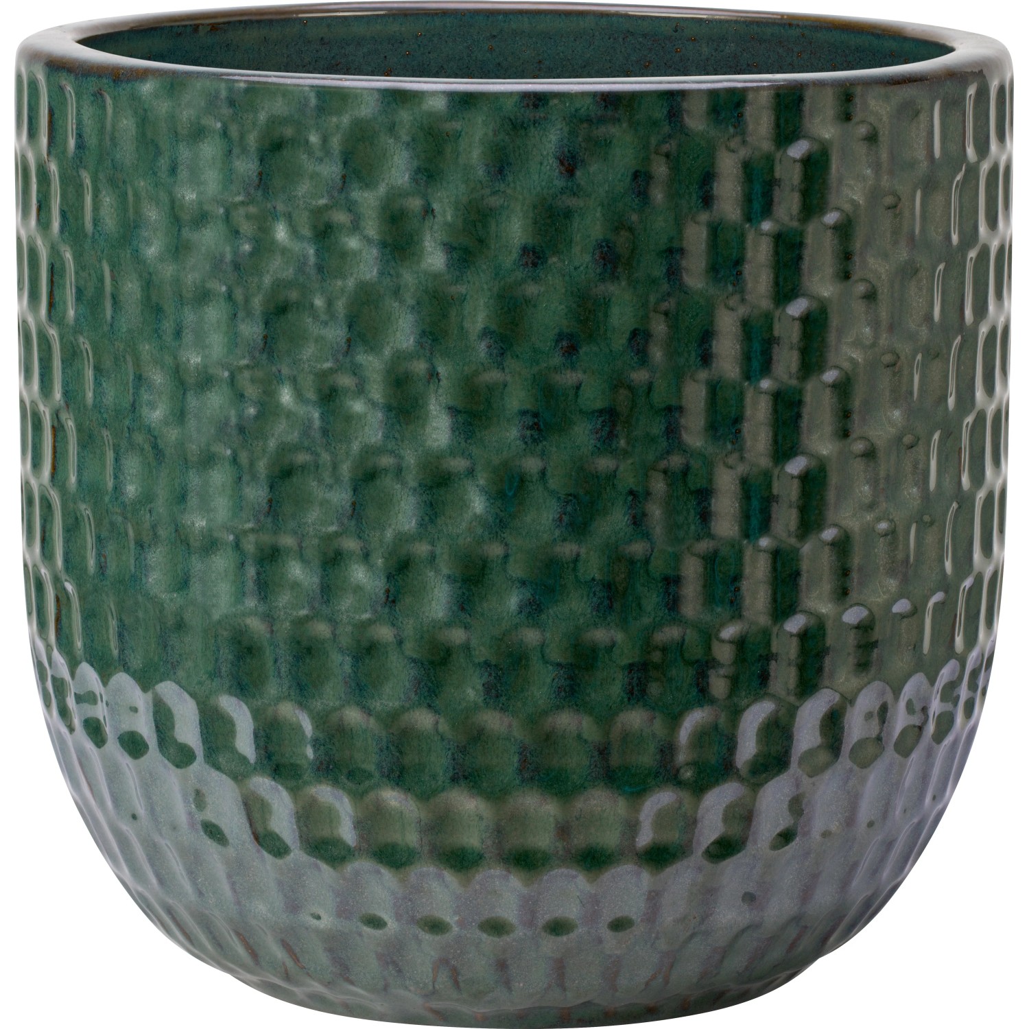 Zielona, glazurowana doniczka ceramiczna z wzorem reliefowym, Ø 25 cm.