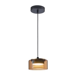 Nowoczesna lampa wisząca z brązowym szklanym kloszem i czarnym zawieszeniem.