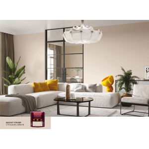 Beżowy salon z farbą do ścian Magnat Ceramic. Kolorowe farby do ścian do wnętrz.