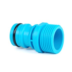 Niebieskie złącze wodne t.b.t. z gwintem i uszczelką.